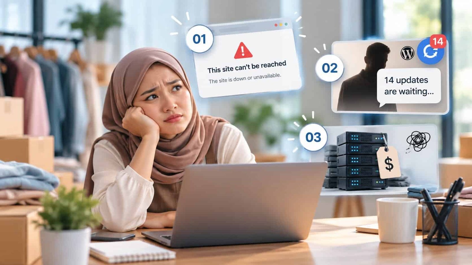 Shop owner facing a site-down error, pending updates and a hosting bill